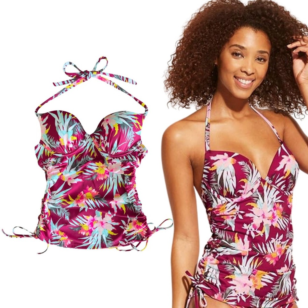 Shade & Shore Women's Tankini‎ Top 32C Cinch Halter Berry Floral Tropical